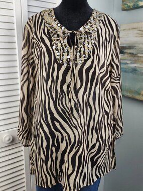Mix Nouveau Zebra Tunic — Sheer Boho Animal Print Sequin Neck Bell Sleeve L